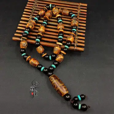 西藏天然瑪瑙玉髓兩眼如意天珠吊墜藏式藏傳天珠二眼天珠吊墜1入| 銀