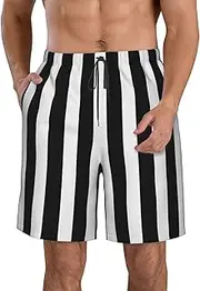 [FJWSLCH] Black & White Stripe Men's Swim Trunks Quick Dry Swimming Board Shorts Drawstring Hawaiian Beach Shorts