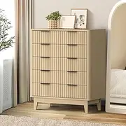 [OIKITURE] Chest of Drawers 5 Storage Cabinet Dressers Tallboy Stripe Natural