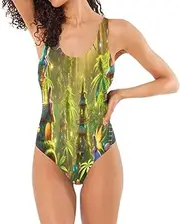 [Joisal] Peacock Feathers Green Women Swimsuits Low Back One Piece Swimsuit Women Tummy Control with Bra, Magical Forest Elves, Large