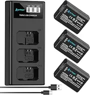 Artman NP-FW50 Battery 3-Pack and Upgraded 3-Slot ZV-E10 Battery LCD Charger for Sony ZV E10, Alpha A6500 A6400 A6300 A6000 A5100 A5000, A7S II, A7S, A7R II, A7R, A7 II, A7, RX10 II III IV Cameras