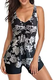 [Generic] Plus Size Swim Dresses for Women Underwire Women Plus Size Vintage Print Strappy Back Tankini Set Two Piece Bathing Suit Beachwear Print Push Two Piece Swimwear Bathing Suits for Women Shorts Bottom