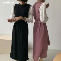 在飛比找Yahoo!奇摩拍賣優惠-CARDI 女裝 正韓 慵懶撞色針織背心長洋 背心 假兩件 