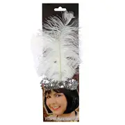 White/Silver 1920s Flapper Sequin Headband with Feather - One Size