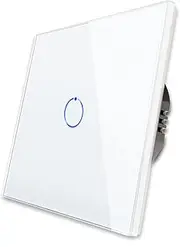 CNBINGO Touch Light Switch, White Single Light Switch, Tempered Glass Panel with LED Backlight, No Neutral Wire Required, 1-Gang 1-Way, AC 240V 500W