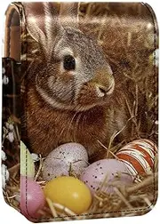 Lipstick Case,Leather Lip Gloss Lipstick Organizer with Mirror,Mini Lipstick Holder Bag,Easter Eggs Rabbit