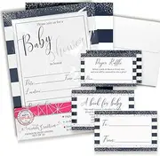 Baby Shower Invites for Boys – Navy Striped Baby Shower Invitation Bundle with Diaper Raffle Tickets, Book Request Cards & Envelopes. Set of 20 5X7 Elegant Invitation Kit Sets