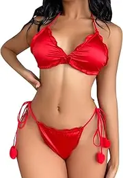 [Generic] Women Lingerie Women's Suit Three Point Sexy Elastic Satin Binding Love Wool Ball Sexy Underwear Sheer Lingerie Large Woman's