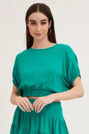 Green Crop Top Short Sleeve Elasticated Waist - Size 14, Women's Crop Top