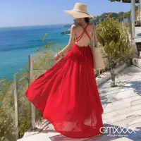 在飛比找momo購物網優惠-【Gmxxxx】度假紅色大露背綁帶長洋裝(度假洋裝 露背洋裝