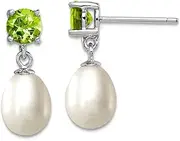[JewelryWeb] 925 Sterling Silver Polished Post Peridot and 7 8mm Freshwater Cultured Pearl Teardrop Earrings 20x8mm Wide Dangle Earring for Women