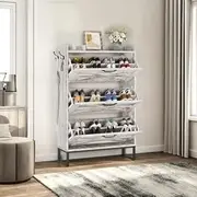 [DWVO] Farmhouse Shoe Storage Cabinet with 3 Flip Drawers, Slim Shoe Cabinet for Up to 24 Pairs, Narrow Shoe Rack for Entryway, Living Room, Hallway (Vintage White)