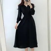 Long-Sleeve V-Neck Plain Midi A-Line Dress Black - L
