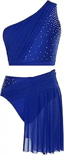 [Jugaoge] Women Lyrical Contemporary Dance Costume One Shoulder Crop Top with Mesh Skirted Briefs Two Piece Outfit