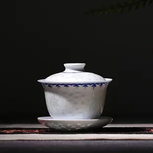 景德鎮陶瓷功夫茶具 陶瓷敬茶碗 蓋碗 青花三才碗 玲瓏鏤空茶杯