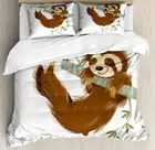 Duvet Cover Set, Happy Cheerful Animal Swinging on Tree Branch Hand Drawn