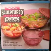 VTG 1994 Pyrex Cranberry Sculptured 6 Piece Serving Bowl Set With Lids Sealed
