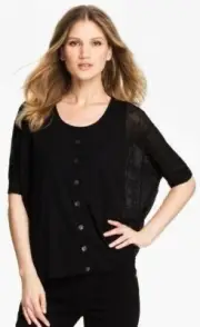 Eileen Fisher Black Sheer Hemp Round Neck Short Sleeve Boxy Top Cardigan L