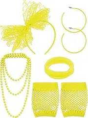 Blulu 80s Fancy Dress Costume Accessories Lace Headband Earrings Fishnet Gloves Necklace Bracelet for 80s Retro Party (Yellow)