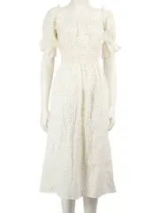 Ecru Floral Square Neck Midi Dress