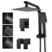 WELS Square 10'' Ultrathin Rainfall Shower Head 3-MODE Handheld Set Gooseneck Arm Diverter / Mixer Tap / Twin Taps Black