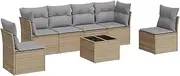 vidaxl Garden Sofa Set - Modular 7-Piece Beige Poly Rattan Outdoor sectional with Cushions and Glass Table for Patio, Terrace, Deck - Weather and uv Resistant with Under-seat Storage