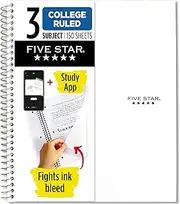 Five Star Spiral Notebook + Study App, 3 Subject, College Ruled Paper, Fights Ink Bleed, Water Resistant Cover, 8-1/2" x 11", 150 Sheets, White (72464)