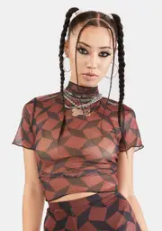 [Another Girl] Recycled Brown Geo Mesh Crop Top
