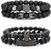 [CASDAN] 4 PCS 8mm Crown King Charm Beads Bracelet for Men Women Natural Black Matte Onyx Stone Beads, 7.5"