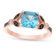 7.0mm Cushion-Cut Blue Topaz and 0.10 CT. T.W. Enhanced Black and White Natural Diamond Antique Vintage-Style Ring in Solid 10K Rose Gold