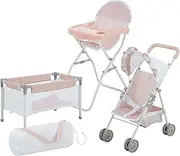 Polka Dot Princess Baby Doll 3pc Nursery Set - Crib, High Chair & Stroller, Pink & Gray