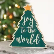 JOY TO THE WORLD Wood Tree Chunky Shelf Sitter Distressed Christmas NEW