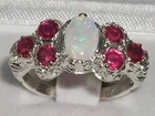 Solid English 925 Sterling Silver Ladies Large Opal & Ruby Art Nouveau Ring
