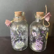 Decorated Floral Glass Bottles With Cork Set Of 2 NEW
