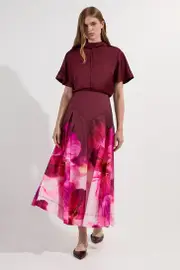 Placed Floral Taffeta Woven Maxi Skirt