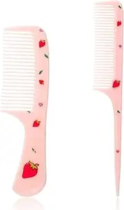 Cute Hair Comb Set, 2 Pcs Pink Strawberry Fruit Combs for Women Plastic Fine Tooth Rat Tail Combs Detangling Hair Comb for Women Girls All Hair Types Long Short Wet Dry Curly Straight Hair