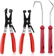4 Pcs R Hose Clamp Pliers Kit with Hook, Flat Band Hose Clamp Pliers& Cross Slotted Jaw Pliers and Hose Remover Hook Set for Car Truck Fuel Oil Water Pipe Repair