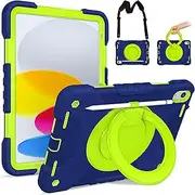Andnary Case for iPad (A16) 11th/10th Generation 11/10.9 inch 2025/2022, Heavy Duty Shockproof Cover with 360° Rotating Handle/Bracket/Pen Holder/Shoulder Strap, Navy+Green