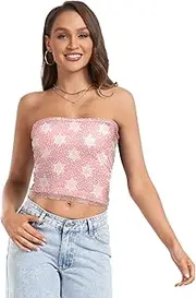 [GuoChe] Womens Tube Top Merry Christmas Snowflakes Cute Tight Push Up Bandeau Basic Tube Top for Teen Girls Party