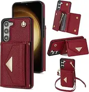 [Asuwish] Phone Case for Samsung Galaxy S23 5G Wallet Cell Cover with Credit Card Holder Slot Stand Shoulder Crossbody Strap Long Lanyard Leather S 23 23S GS23 G5 SM-S911U 6.1 inch Women Girls Men Red