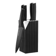 Kitchen Knife Set with Block, 6 Pcs Stainless Steel Chef Knife Block Set, Black