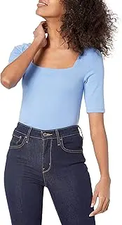 [Amazon Essentials] Women's Slim-Fit Half Sleeve Square Neck T-Shirt, Blue, Large
