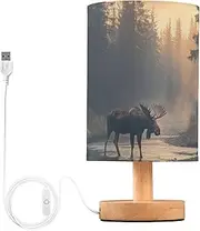 [YXYZRMY] Table Lamp Sunset Moose Forest for Bedroom Living Room Desk Lamp with USB Port Nightstand Lamp with Round Flaxen Fabric Shade for Dorm Home Office LED Bulb Included