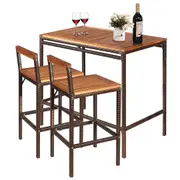 Costway 3x Bar Table Set Wicker Outdoor Table & Chairs Setting w/Acacia Tabletop Dining Furniture Garden Patio