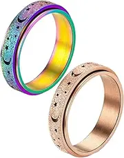 [Zeayebsr] 2pcs Anti-Anxiety Spinner Rings Fidget Band Rings for Stress Anxiety Relief for Stainless Steel Roller Rings Stress Rings Rotating Rings Anxiety Rings Moon Star Sand Blast Finish with Storage