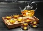 8 Pc Tea Set 800ml High Handle Glass Teapot + Round Warmer + 6 Cups With Saucer