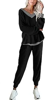 [LYHNMW] Women's Pajama Set 2 Piece Outfit Waffle Knit V-Neck Sweatsuits Jogger Pants Tracksuits Lounge Set