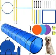 Dog Agility Training Equipment, Dog Obstacle Course Training Starter Kit Includes Tunnel, Weave Poles, Adjustable Hurdle, Jump Ring, Pause Box, Toys and Carrying Bag, Pet Outdoor Games