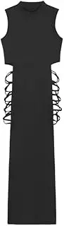 [Generic] Women's Black Split Side Gothic Dress Sexy Mock Neck Sleeveless Long Dress Bodycon for Halloween Party Clubwear