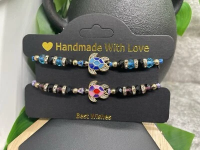 2 PC Handmade Beaded Boho Adjustable Tie Charm Bracelet Set Turtle B4000